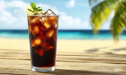 Cold cola with ice, lemon, mint on beach wood table