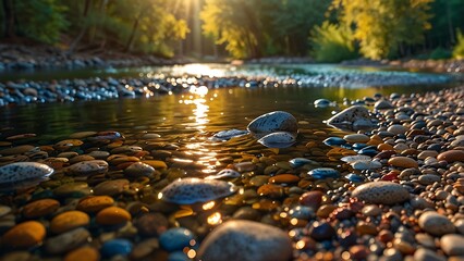 Fototapeta premium Tranquil Stream with Golden Reflections at Sunset