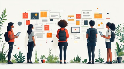 Group of diverse individuals analyzing data visuals on a wall surrounded by greenery