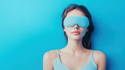 Woman sleeping mask blue background relaxation