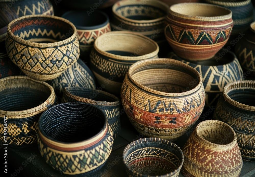Poster a collection of woven baskets with intricate patterns and designs texture