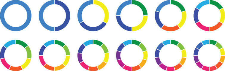 Fototapeta premium Circle pie chart diagram. 2,3,4,5,6,7,8,9,10,11,12 sections or steps. Colorful Pie chart set. circle section graph. Pie chart circle. Progress sectors. Flat process cycle