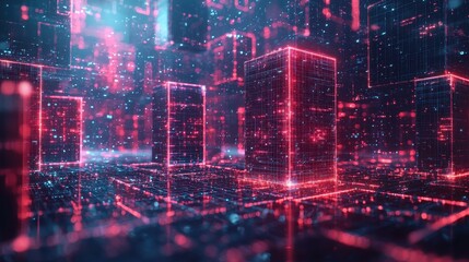Futuristic Digital Cityscape Neon Glowing Data Cubes and Network Connections