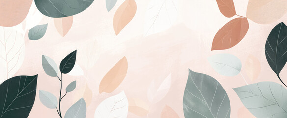 A soft, abstract design featuring various leaves in muted colors on a pastel background.