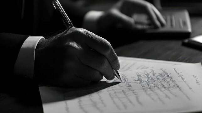 A person writing on paper with a pen and another in the background