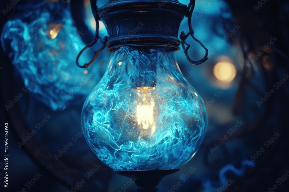 Poster glowing gas lamp illuminates surroundings with mesmerizing blue light during twilight hour. generati