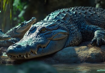 Fototapeta premium Majestic crocodile resting on rocky shore by serene water, showcasing its textured skin and powerful presence in lush natural environment