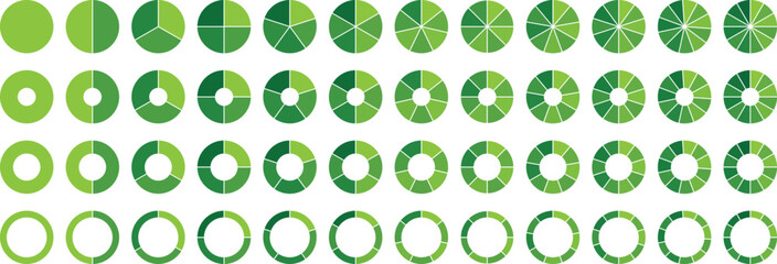 Circle pie chart set. Pie chart color icons. Circle section graph. Segment slice sign. 1,2,3,4,5,6,7,8,9,10,11,12 segment infographic. Wheel round diagram part symbol. Vector illustration.