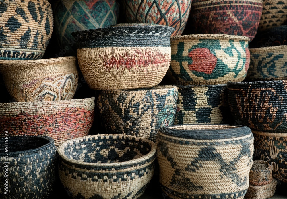 Poster a collection of woven baskets with intricate patterns and designs cc