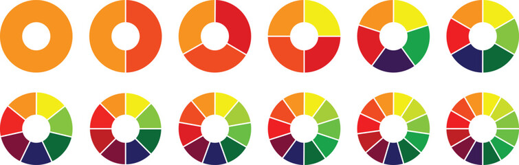 Obraz premium Pie chart color icons. Circle pie chart set. Segment slice sign. Circle section graph. 2,3,4,5,6,7,8,9,10,11,12 segment infographic. Colorful diagram collection. Vector illustration. Circle graph set.