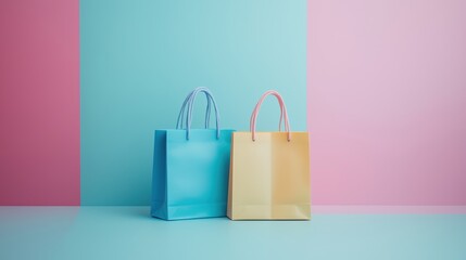 Blue and yellow shopping bags on pastel background