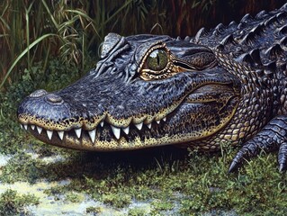Obraz premium Realistic close-up of a crocodile resting in a lush swamp showcasing intricate details of scales, eyes, and surrounding green foliage under natural light