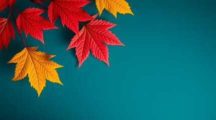 Fallen leaves in the corner, plain blue background, minimalist and calming impression. copy space area, autumn