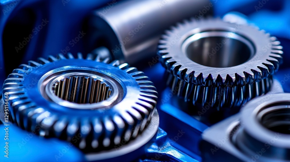 Poster close up of precision gears and metallic components for mechanical engineering applications design