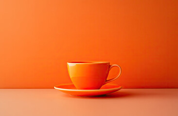 Obraz premium A vibrant orange cup and saucer against a matching background, emphasizing color and simplicity.