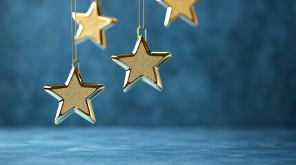 Fototapeta premium Celestial Ornaments Golden Stars Adorn Azure Backdrop Holiday Festive Shiny Decorations Glow
