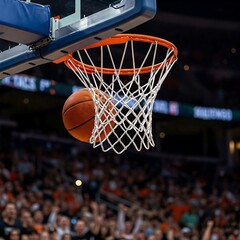 Fototapeta premium a basketball wedged in the hoop’s rim, net strands strained taut, with a court and cheering crowd