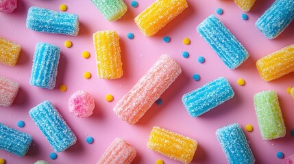 Colorful hard candies, scattered pattern, pink surface, sprinkles background.  Use  food photography
