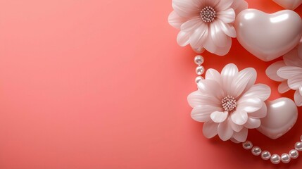 Floral Arrangement with Pearls and Hearts on Salmon Background Gentle Celebration of Affection