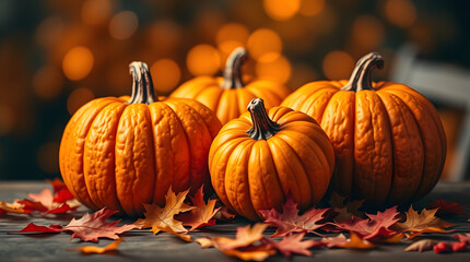 Four orange pumpkins on a wooden table, red leaves scattered, warm dim light. for halloween celebration