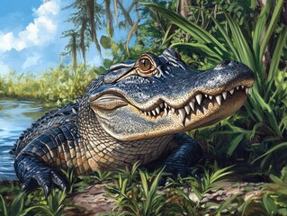 Fototapeta premium Realistic depiction of a crocodile in natural habitat showcasing lush greenery and serene water reflecting the blue sky during a bright sunny day