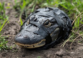 Realistic depiction of a reptile sculpture wrapped in black tape resting on earthy ground amidst green grass in a natural outdoor setting