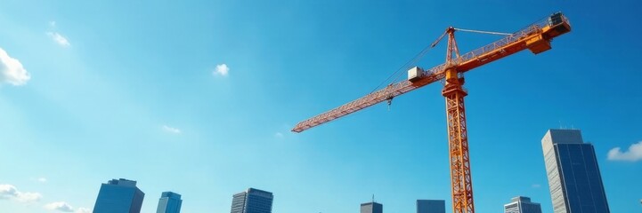 Construction crane rotates arrow against blue sky, city building backdrop, technology, boom