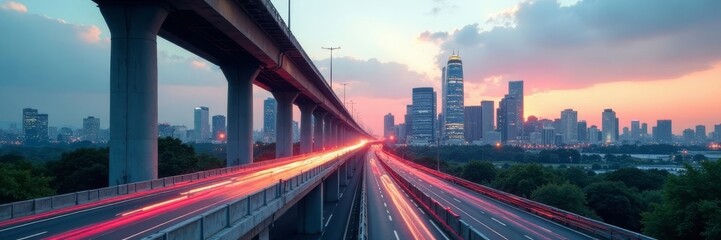 Fototapeta premium Elevated highway's concrete structure dominates city skyline , city, USA