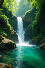 Fototapeta premium Emerald water cascades down mossy rocks, lush jungle surrounds , nature, leaves, exploration