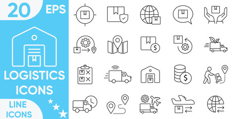 Logistics Icon Set. logistic, delivery, Containing distribution, shipping, transportation, courier, delivery, cargo, freight, route planning, and more.Vector and illustrator set.