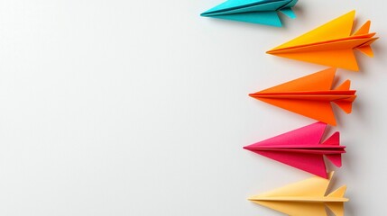 Fototapeta premium Colorful Paper Airplanes Aligned on White Surface Creativity and Innovation Concepts 97 chr