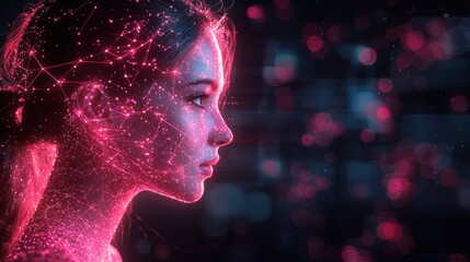 Fototapeta premium Woman's Face Illuminated by Pink Network of Light, Digital Art, AI, Futuristic Technology