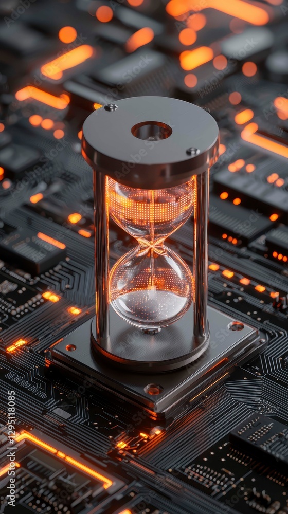 Poster hourglass in digital circuitry conceptual image representing time and technological advancements