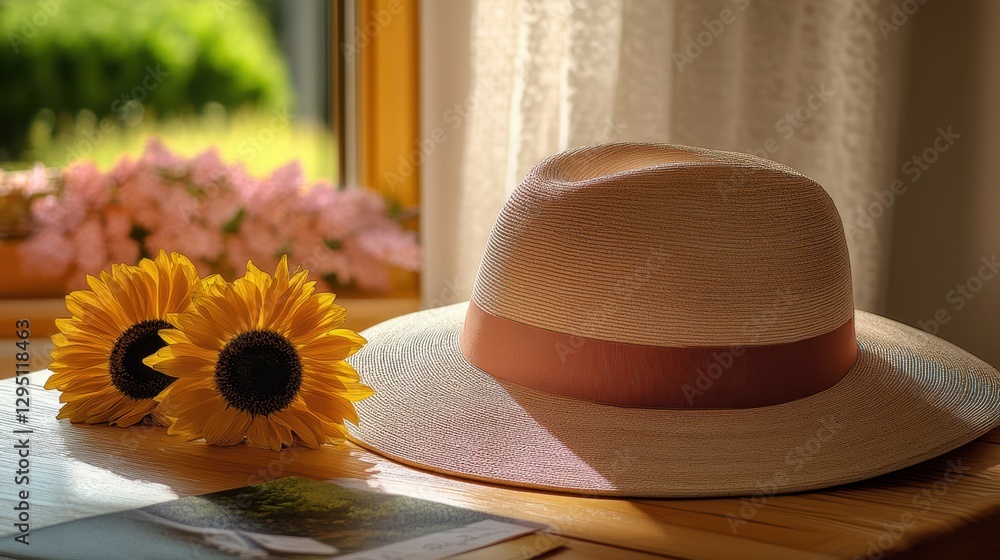 Wall mural A hat rests beside a vibrant sunflower on a table illuminated by natural light streaming through a window.