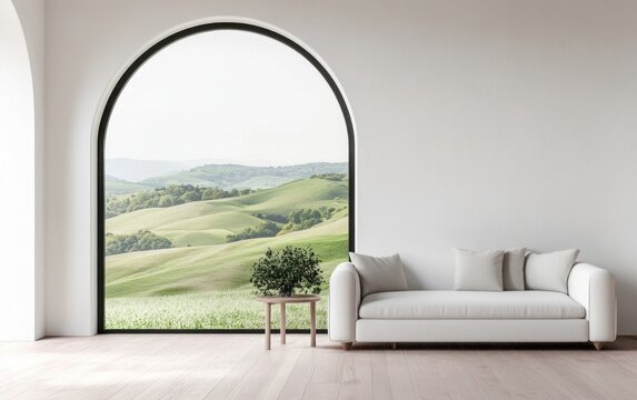 Modern living room with panoramic window view of hills