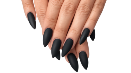 Woman showing long black matte acrylic nails on transparent background