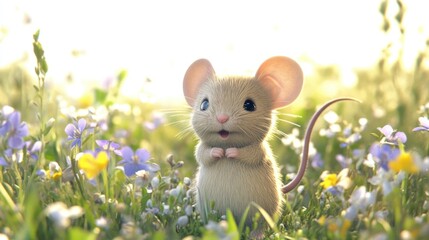 Cute Mouse in a Flower Meadow