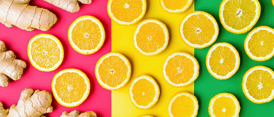 Fresh ginger and vibrant orange slices on colorful background