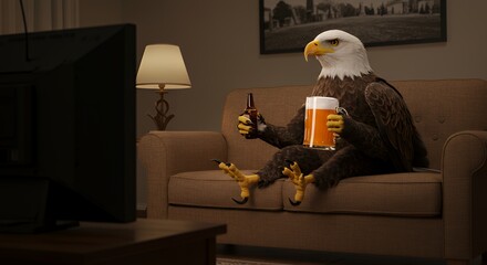 Bald Eagle Relaxing on Couch Drinking Beer and Watching Television