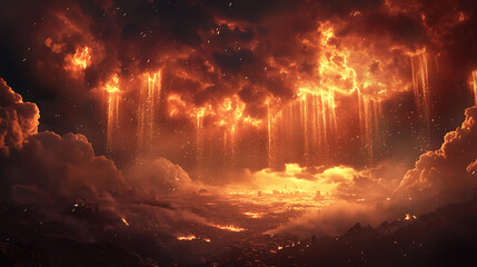 A fiery orange sky with a lot of rain falling from it