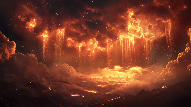 A fiery orange sky with a lot of rain falling from it
