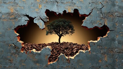 Tree of Hope Emerging from Cracked Wall - Symbol of Resilience and New Beginnings