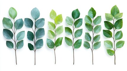 A vibrant collection of various green leaves arranged in a line showcasing nature's diversity
