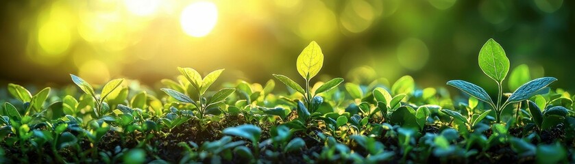 Vibrant New Seedlings Sprouting Upward in the Early Morning Sunlight Hopeful Beginnings Scenery