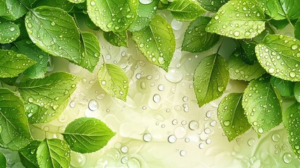 Fresh green leaves with water droplets on a soft blurred background, evoking nature's beauty