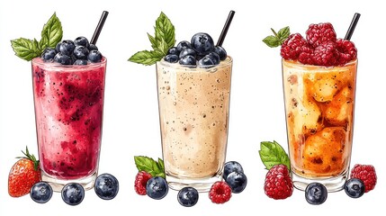 Three colorful fruit smoothies with blueberries, raspberries, and strawberries on a white background