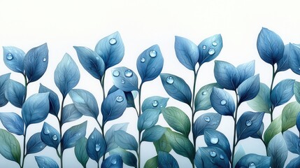 A serene arrangement of blue and green leaves with water droplets against a light background