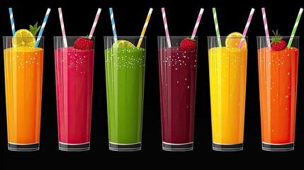 Colorful assortment of refreshing fruit juices in tall glasses with straws on a dark background