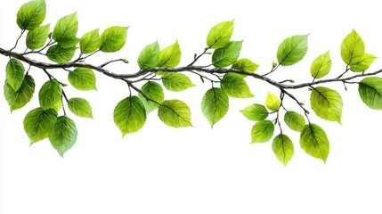 Vibrant green leaves on a branch against a white background, perfect for nature-themed designs