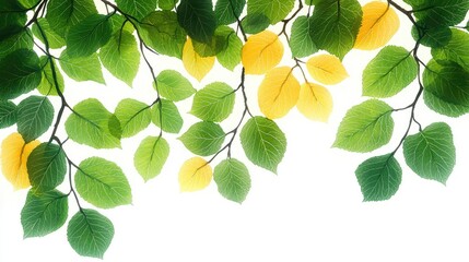 Vibrant green and yellow leaves against a soft white background, showcasing seasonal change